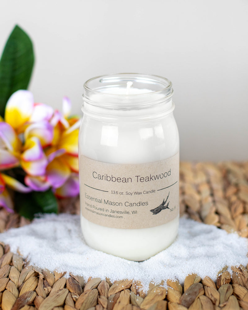 Caribbean Teakwood Soy Candle - 13.6 oz – Essential Mason Candles